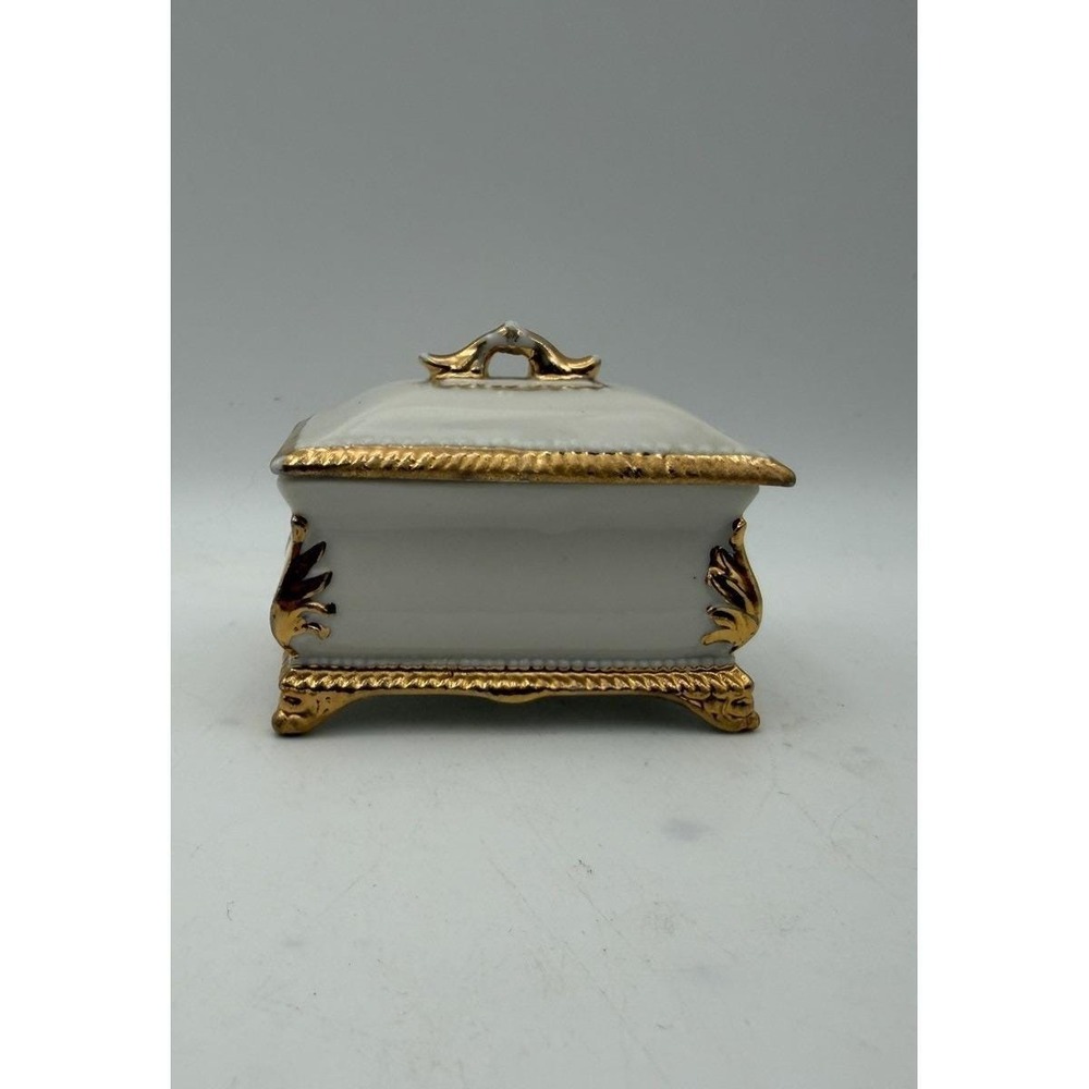 Vintage Miniature Porcelain Trinket Box‎ White Gold Gilt Footed Casket 2.25"